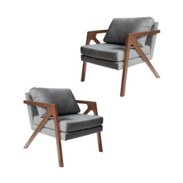Imagem de Kit 2 Poltronas Decorativas Lúcia Madeira Maciça Luxo Para Sala de Estar, Escritório e Recepção Linho Cinza - Loja Monte Belo
