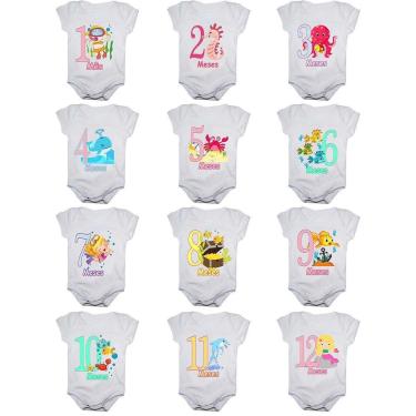 Imagem de Kit 12 Body Bebê Mesversario Manga Curta Fundo Do Mar 1 A 12 Meses Feminino-Feminino