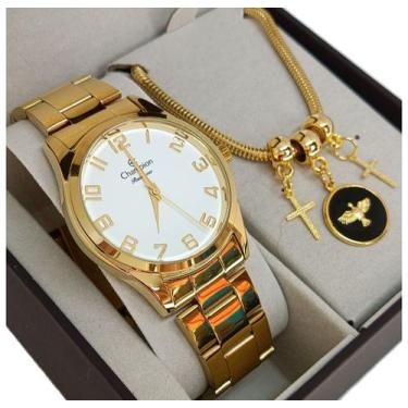 Imagem de Kit Relógio Champion Feminino Dourado A Prova Dágua Nota Fiscal e Gara