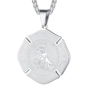 Imagem de Colar FaithHeart Saint Florian, aço inoxidável/banhado a ouro, pingente de São Floriano, medalha de escudo de bombeiro, padroeiro de São Patrício para bombeiros (Envie caixa de presente) Prata