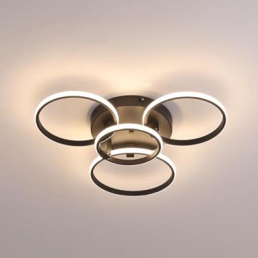 Imagem de Hot Preto/Branco levou luzes de teto Regulável RC + APP anéis lâmpada para sala de estar quarto de cama Cozinha Decoração de casa lâmpada de teto Moderno luminárias de teto (Preto, 4 anéis L60*W55CM)