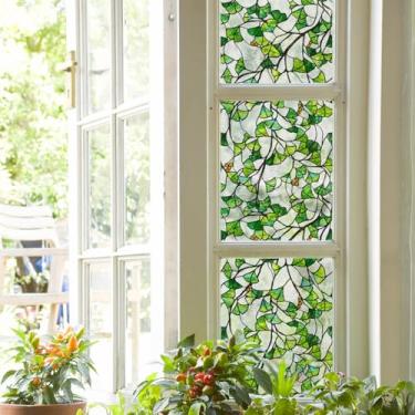 Imagem de ChicSkin Película original para vitrais desenhados à mão, película estática de vidro texturizado de privacidade para banheiro, janela de sacada de cozinha, porta frontal de vidro, verde Gingko 28 x