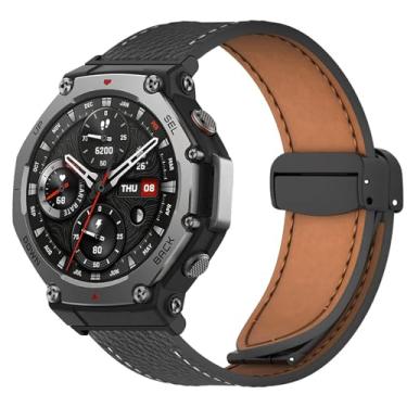 Imagem de PONATTENO Pulseira de couro de substituição compatível com Amazfit T-Rex 3, design de fivela magnética dobrável, pulseira de substituição clássica de couro genuíno (preto)