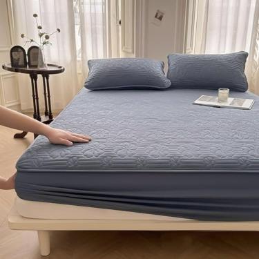 Imagem de Lençol de cama impermeável de algodão macio de luxo, respirável, lavável, protetor de colchão, colcha de cama elástica quente para solteiro/casal/queen/king, azul ||200 x 220 cm/(199.9 cm x 220.0 cm)