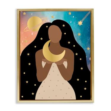 Imagem de Stupell Industries Design de arte de parede em tela flutuante emoldurada dourada Woman Holding the Moon por Daniela Santiago, 25 x 31
