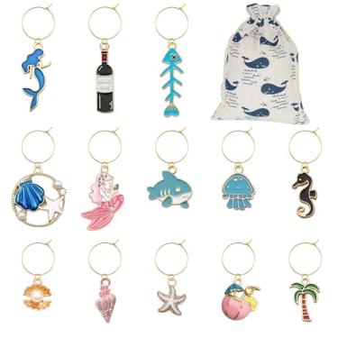Imagem de Nuburbur Pingentes de taça de vinho/marcadores/identificadores/etiquetas para taças de caule para decorações de festa de vinho Engraçado verão praia conjunto temático de 13 (13 pingentes de praia)