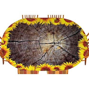 Imagem de Capa de mesa ajustada com girassol, tronco de árvore, girassóis, tronco de árvore, ornamental rústico, toalha de mesa impermeável interna/externa, pátio e cozinha, serve para mesa de 122 x 182 cm,