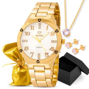 Imagem de Kit Relógio Eura Dourado Detalhe Na Caixa + Colar e Brinco, Branco