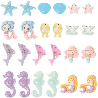 Imagem de SUNNYCLUE 60 peças, 10 estilos, pingentes de fundo plano, tema oceano, scrapbook, enfeites de resina, colorido, opaco, sereia, estrela-do-mar, golfinho, animais marinhos, pequenos cabochão para joias