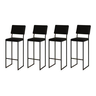 Imagem de Kit 4 Banquetas com Encosto Industrial e Moderna Nina Preto e Corino Preto