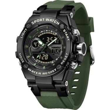 Imagem de Relógio masculino com bisel de liga leve à prova d'água, relógio analógico digital militar, tático, ao ar livre, grande, resistente, relógio de pulso duplo, LED, luminoso, alarme, cronômetro, Verde