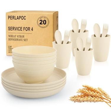 Imagem de Perlapoc Conjuntos de louça de palha de trigo de cozinha para 4, conjunto de pratos inquebráveis, 20 peças - prato de jantar/tigela de cereal/xícara/garfo/colher, para acampamento ao ar livre, trailer