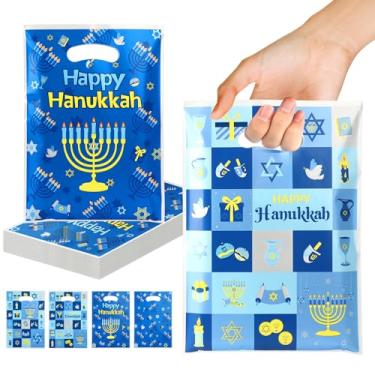 Imagem de vueuKiGE Sacos de petisco de Hanukkah, 50 peças de sacolas de presente de doces de Hanukkah com alças, 18 x 25 cm, bolsa de petisco de chanucá de plástico com tema judaico para decoração de festa de