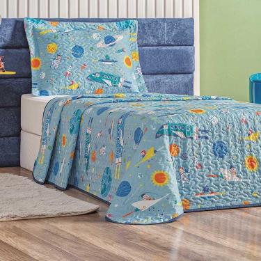 Imagem de Kit Colcha Diverkids Astronauta Solteiro Tecido Microfibra Dupla Face Quarto Infantil - Azul