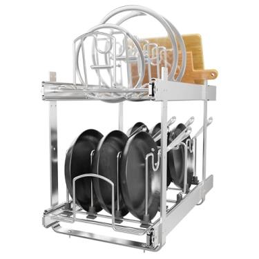 Imagem de STORKING Organizador de armário de cozinha de 2 camadas para panelas, frigideiras e panelas, bandeja de arame resistente ajustável e suporte de rack de panelas, trilho de extensão total (30 x 50 D)