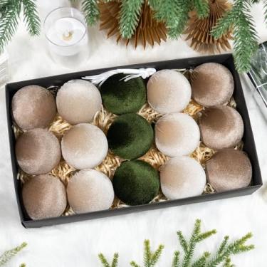 Imagem de Hismir Enfeites de árvore de Natal de veludo de 8,5 cm, conjunto de 15 bolas de Natal a granel de plástico à prova de estilhaçamento, enfeites de pendurar para guirlanda de árvore (verde marrom neutro