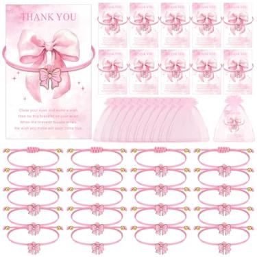 Imagem de Hinly 24 conjuntos, 72 peças, laço de coquete, lembrancinhas de festa, laço rosa, miçangas, pulseiras, corda ajustável, joias de coquete com 24 cartões inspiradores, 24 sacos para lembrancinhas de