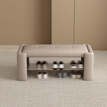Imagem de Banco de sapatos estofado moderno e pufe de armazenamento - Rack de entrada elegante, organizador de fim de cama que economiza espaço, banco de troca para sala de estar, quarto, corredor (Cáqui, 140