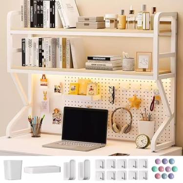 Imagem de Organizador de estante de mesa com painéis perfurados 1 ~ 2 pisos moldura de aço madeira é difícil de deformar, para mesa de computador, dormitório, escritório, casa, três cores (cor: branco +