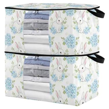 Imagem de Burbuja Bolsa de armazenamento de roupas de coelho com tampas e alça, embalagem com 2 recipientes de armazenamento de cobertor dobrável com zíper resistente e janela transparente para armário de