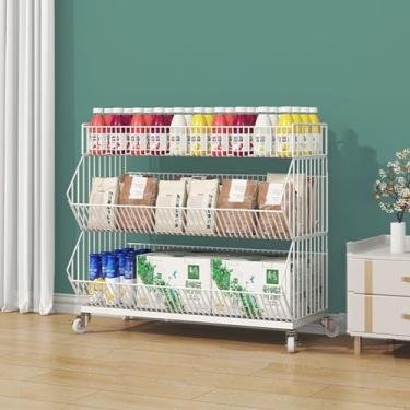 Imagem de Cestas de armazenamento de arame grandes empilháveis 2 3 4 5, prateleira de supermercado móvel suporte de exibição de lanche com rodas, suporte organizador para doces de batata frita frutas vegetais