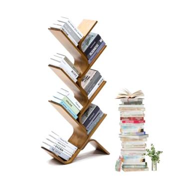 Imagem de Prateleira de livros de bambu para chão, estante de livros de árvore alta moderna, estante de canto pequena organizadora estreita para quarto, sala de estar, escritório em casa
