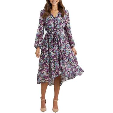 Imagem de Vestido PRETTYGARDEN Floral Roxo Envelope Decote V Manga Longa M