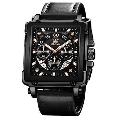 Imagem de OLEVS Relógios quadrados masculinos de couro marrom, cronógrafo, moderno, negócios, luminoso, impermeável, casual, relógios de pulso, Couro preto e prata, Cronógrafo