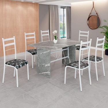Imagem de Conjunto Sala de Jantar Mesa Retangular 140x75cm Tampo Granito Topázio 6 Cadeiras Marselha Preto Floral / Branco