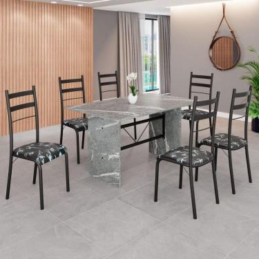 Imagem de Conjunto Sala de Jantar Mesa Retangular 140x75cm Tampo Granito Topázio 6 Cadeiras Marselha Preto Floral / Preto Fosco