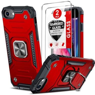 Imagem de LeYi Capa para iPhone SE: Capa para iPhone 8/7 com [2 pacotes] Protetor de tela de vidro temperado, capa protetora de telefone de grau militar com suporte de anel para iPhone 7, vermelho