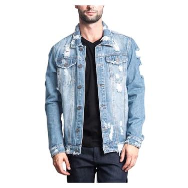 Imagem de Jaqueta jeans masculina cor sólida rasgada com buracos desgastados casaco jeans casual streetwear, Azul claro, G