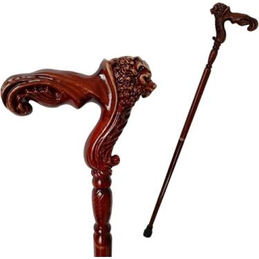 Imagem de Bengala de escultura em cabeça de leão, caminhantes fortes, muletas de cana de madeira artística, estilo tradicional, vara de madeira esculpida em animal