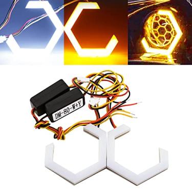 Imagem de Qasim Anéis hexagonais Angel Eyes 80 mm, retrofit para carro, motocicleta, acessórios de luz de sinalização de neblina, decoração Switchback branco DRL + luz de seta âmbar 12 V 24 V 80 mm, pacote com