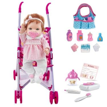 Imagem de Boneca Bebê Reborn Cuidado Dia C/ Carrinho +Bolsinha Passeio - Roma