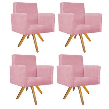 Imagem de Kit 04 Poltronas Beatriz Base Giratória de Madeira Suede Rosa Bebê - D