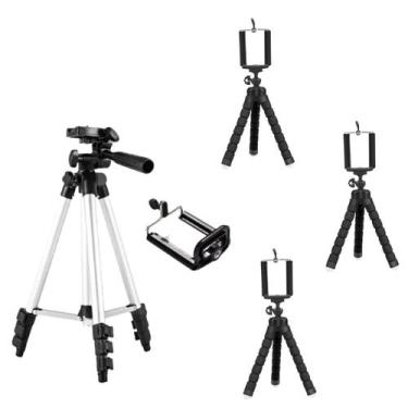 Imagem de *Kit Filmagem com 3 Mini Tripés Flexíveis + 1 Tripé de Alumínio 1.02mt