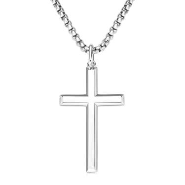 Imagem de Colar com cruz de prata esterlina 925 para homens e mulheres, corrente de aço inoxidável durável, banhado a ouro branco 18K, borda chanfrada, rebites góticos, preto, texturizado, crucifixo de