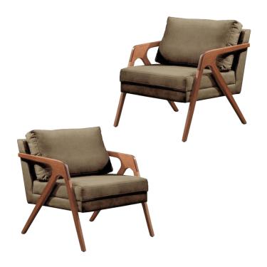 Imagem de Kit 02 Poltronas Decorativa Madeira Maciça Luxo Itália Suede Capuccino - Zahav Estofados