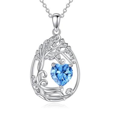 Imagem de AINFQY Colar com pedra do mês de nascimento da árvore da vida, prata esterlina, pingente de lágrima, pedra preciosa, aniversário, formatura, presente para mulheres, esposa, Prata esterlina, Zircônia