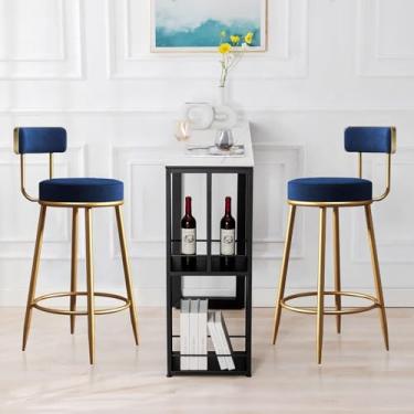 Imagem de Conjunto De 2 Bancos De Bar Estofados Em Veludo Contemporâneo Com Pernas De Metal Dourado, Cozinha De Fazenda Café Da Manhã Banquetas, Altura Do Assento 65cm, Blue, 1