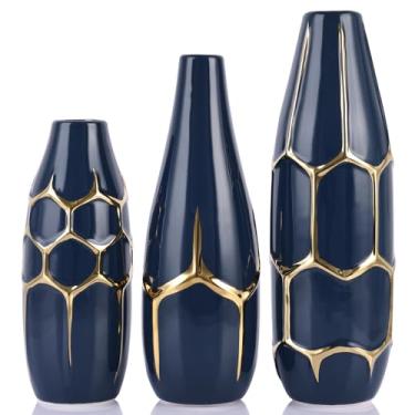 Imagem de Conjunto de 3 vasos xadrez de cerâmica - vasos azuis e dourados, vasos decorativos listrados azuis modernos para decoração de casa, quarto, escritório, sala de estar, banheiro, cornija, decoração de