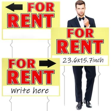 Imagem de Marsui Placa de venda de 3 peças 60 x 40 cm placa dupla face com estacas placas de plástico ondulado em branco com seta direcional e estaca de metal (para alugar)