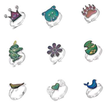 Imagem de LiHan1028 Conjunto de anéis de humor de tamanho ajustável com mudança de cor de estilo misto, 9 peças, vários designs com coroa, animal, padrões de flores