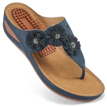 Imagem de Sandália feminina anabela com suporte de arco para o verão, plataforma confortável, boêmia, sem salto, função de massagem, sandália casual, Azul escuro, 8.5