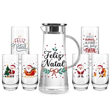 Imagem de Kit 7 Pcs Jarra Personalizada Natal Vai Ao Fogo + 6 Copos Estampa Natalina Mesa Posta Papai Noel