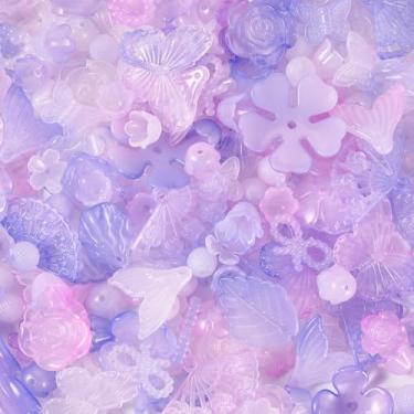 Imagem de Kit de contas de acrílico lilás de 100 g com mistura aleatória de estilos de contas, berloque, talão, flor, folha, borboleta, para colar, pulseira, brinco, chaveiro, artesanato, para fazer joias DIY