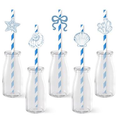 Imagem de Serencatcher Decorações de festa de estrela do mar e concha com laço azul, 80 peças de canudos de papel listrados com concha azul e laço para praia, litoral, despedida de solteira, casamento