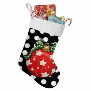 Imagem de Meia de Natal abstrata vermelha bola de Natal meias de Natal 45,7 cm grande, decorações de Natal brancas de bolinhas, meia pendurada para festa de férias em família, lareira