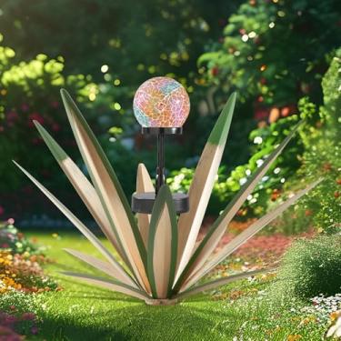 Imagem de Hnnpmm Escultura rústica de tequila decoração de quintal de metal com luz de mosaico solar, 53 cm (A) estátua de jardim de agave de metal pintada à mão (1 pacote verde)